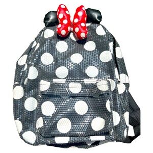 Disney Parks Minnie Mouse Polka Dot Sequin Backpack Bag Bow And Ears FULL SIZE
